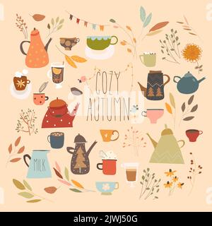 Cartoon Set with Different Cups, Kettles and Autumn Color Leaves Stock Vector
