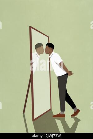 Man kissing reflection in mirror Stock Photo