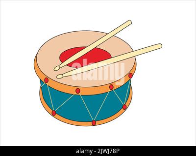 Blue Drum and wooden drumsticks. Musical instrument. Musical instrument, drum machine.  Flat Vector illustration isolated on a white background. Stock Vector