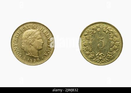 Five Rappen Coin,  Front and back, Year 1996, Switzerland Stock Photo