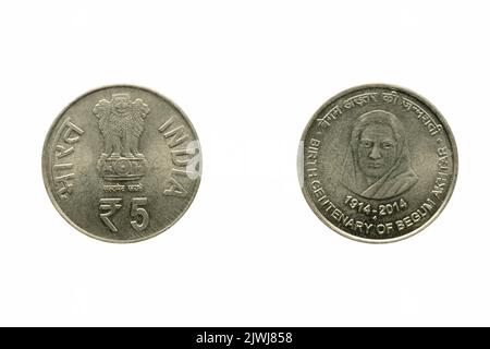 Five Rupee Coin,  front and back,  Begam Akhtar, Birth centenary, India Stock Photo