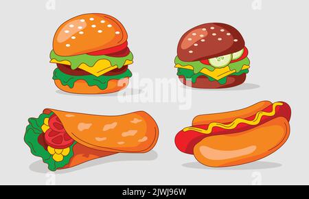 Set of flat Fast Food meal Icons. Vegetarian Burger, American Burger, Shawarma, American Hot dog,  isolated on background. Vector cartoojn illustratio Stock Vector