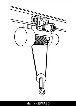 Electric winch for lifting cargo. Electric hoist with steel rope or wire, cable, wheel.  Vector illustration Stock Vector