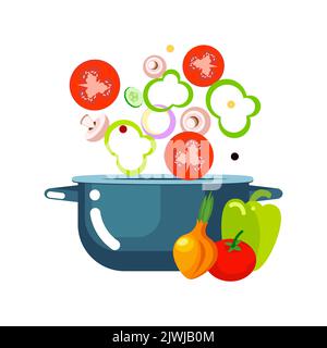Green salads diet for healthy food. Fresh vegetable slices falling to salad-bowl isolated on white background. Flat Art Vector Illustration Stock Vector
