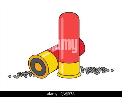 Hunting shotgun cartridges with shotgun on a white background.  Badge of a hunting rifle cartridge. Flat vector illustration Stock Vector