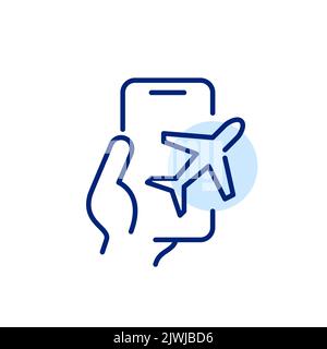 App for buying tickets or tracking flights. Hand holding a smartphone. Pixel perfect, editable stroke line art  Stock Vector