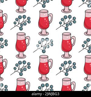 Hand drawn autumn seamless pattern with berries and mulled wine. Background cute cozy decorative design elements. Fall print with warming drink vector Stock Vector