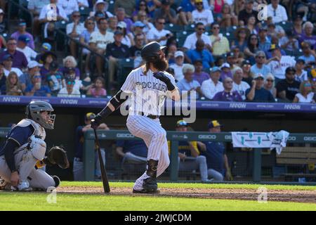 August 9 2022: Colorado right fielder Charlie Blackmon (19) runs the bases  during the game with Saint Louis Cardinals and Colorado Rockies held at  Coors Field in Denver Co. David Seelig/Cal Sport