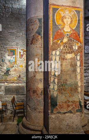 Byzantine frescoes on the columns and walls of the church of Santa Maria Maggiore in Monte Sant'Angelo in Puglia. Monte Sant'Angelo, Puglia Stock Photo