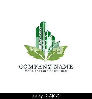 Green building construction logo design with leaf, best for construction, real estate, skyscraper and business company logo Stock Vector