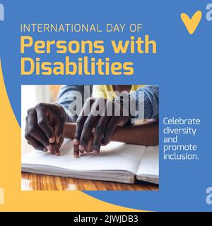 International day of persons with disabilities text and father assisting son in reading braille book Stock Photo