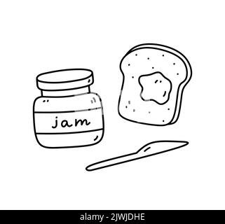 Jar of jam, toast and knife isolated on white background. Food for breakfast or for a snack. Vector hand-drawn illustration in doodle style. Perfect f Stock Vector