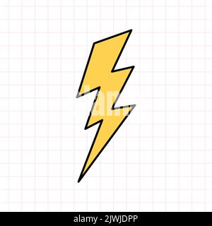 Cute yellow lightning bolt in the style of the 90s. Vector hand-drawn doodle illustration isolated on white background. Nostalgia for the 1990s. Perfe Stock Vector