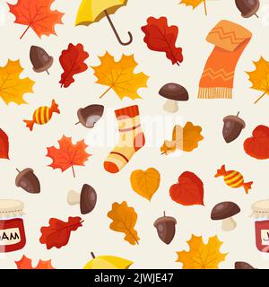 Autumn cozy seamless pattern with leaves, mushrooms, acorn. Beautiful orange and red falling leaves and autumn elements. Cute vector illustration in flat style. Stock Vector