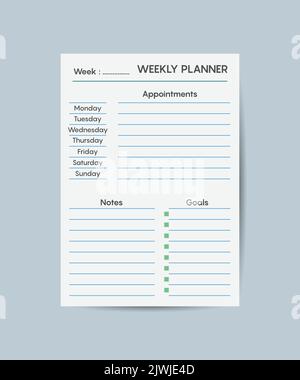 Weekly planner template Clear and simple printable to do list Business organizer page Paper sheet. Stock Vector