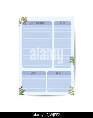 Daily Planner Template Organizer and Schedule with place for Notes Goals and To Do List Template design Stock Vector