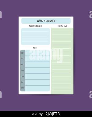 Weekly planner To do list, Notes Wish list on blue and white squared pattern Stock Vector