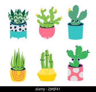 Set of cacti with funny kawaii faces in cute handmade pots on a white ...