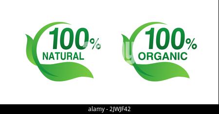100 Percent Natural, Ecology Sticker with green leaves in creative round shape. Stock Vector