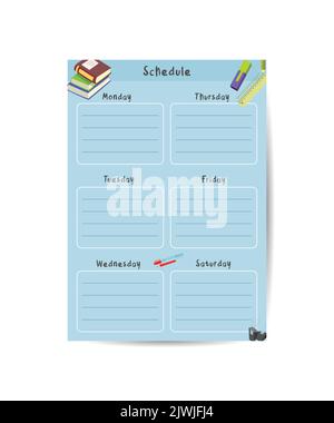 Cute childish school timetable, weekly classes schedule for kids with school supplies. Printable planner, diary for student. Stationery set for childr Stock Vector