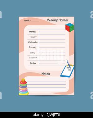 Cute childish school timetable, weekly classes schedule for kids with school supplies. Printable planner, diary for student. Stationery set for childr Stock Vector