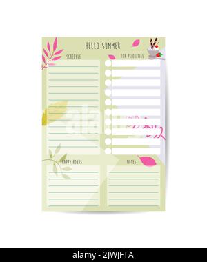 Daily Planner Template Organizer and Schedule with place for Notes Goals and To Do List Template design Stock Vector