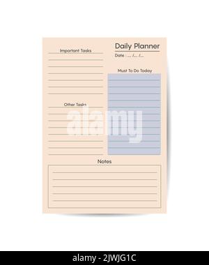Daily planner activities worksheet design template. Printable goal setting sheet. Editable time management sample. Scheduling page for organizing pers Stock Vector