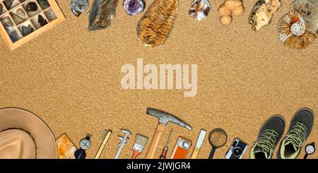 Topview of Set Fieldwork Geology Tools on Textured Background Stock Photo