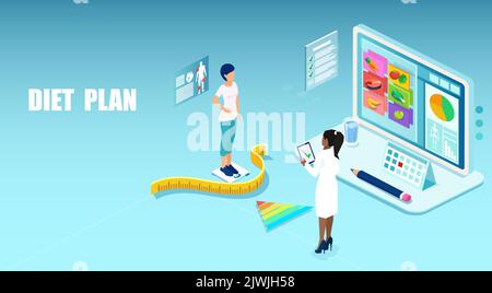 Isometric vector of a dietician giving advice to a woman patient on diet and weight loss program using smartphone application. Stock Vector
