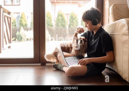 Concentrated and serious teenager boy with coker spaniel dog in headphones using laptop. E-learning, study, education Stock Photo