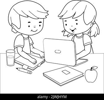 Students doing homework using a computer. Vector black and white coloring page Stock Vector