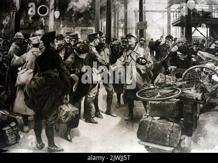 WWI - French troops greet British soldiers who have just arrived at a French railway station.. Stock Photo