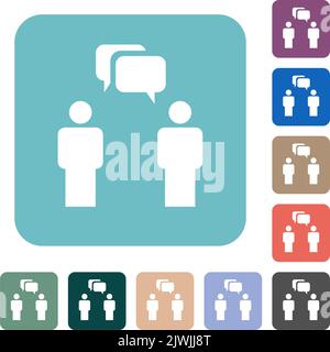 Two talking persons with rounded square bubbles solid white flat icons on color rounded square backgrounds Stock Vector