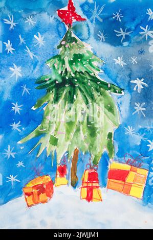 children's diy watercolor drawing on textured paper - green fluffy christmas tree with garlands and star in snow and gifts. spruce or fir against blue Stock Photo