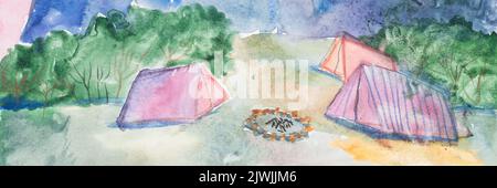 children's diy watercolor drawing on textured paper - traveling, hiking and camping in clearing in mountains. tents, campfire and pink sky. romance an Stock Photo