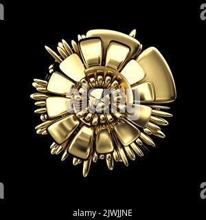 Abstract art with surreal alien flower in curve wavy elegance organic biological lines forms in gold material on black background. 3d rendering Stock Photo