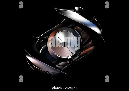 Abstract black and white art of surreal monochrome metal 3d mechanical industrial cyber in spiral twisted structure in matte aluminium metal material Stock Photo