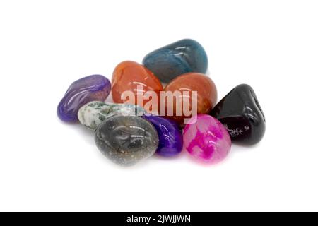 various healing gemstones isolated on white background Stock Photo