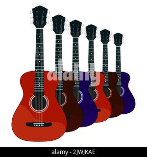 Acoustic guitar set on a white background. Vector illustration of stringed musical instruments Stock Vector