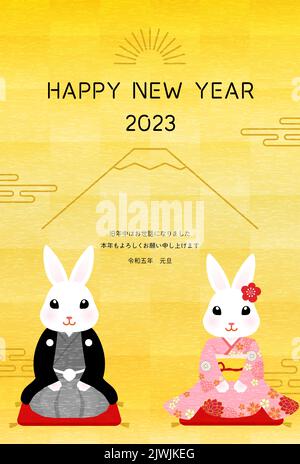 Japanese-style New Year's card for the year of the Rabbit 2023, Kimono rabbit, Mt. Fuji and gold leaf background - Translation: Thank you again this y Stock Vector