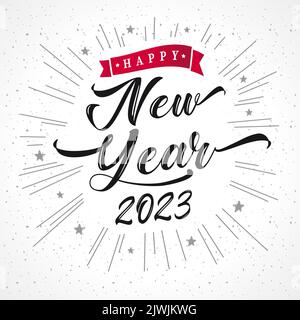 Happy new year 2023 lettering and rays. 20 23 happy new year symbols. Creative vector art template isolated on white background Stock Vector