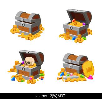 Open and closed chests with treasure gold Stock Vector
