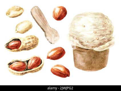 Peanut ice cream set. Hand drawn watercolor illustration, isolated on white background Stock Photo