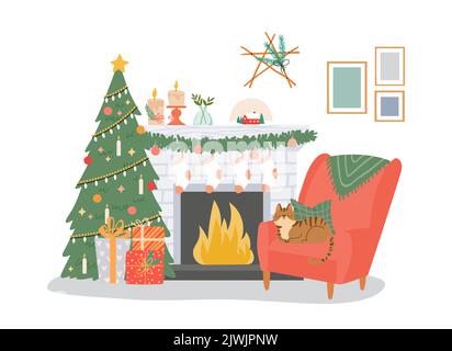 Christmas interior with chimney, tree and chair Stock Vector