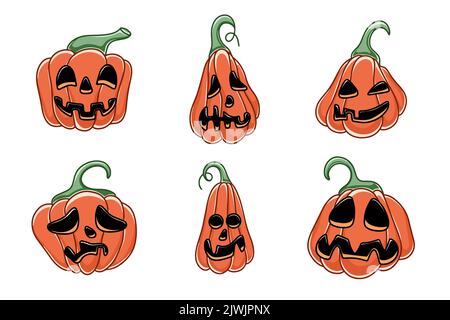 Hand drawn spooky halloween pumpkin set. Terrible faces characters for Halloween holiday. Traditional heads with different emotions. Autumn vegetables Stock Vector