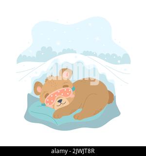 Bear sleeping in winter, cute character with sleeping mask in the cave. Cute seasonal vector illustration in flat cartoon style Stock Vector