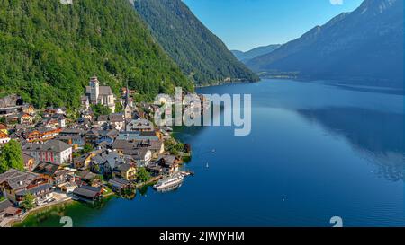 Scenic picture postcard view of famous Hallstatt mountain village in Austrian Alps at beautiful daylight in summer, beauty countryside lake in Austria Stock Photo