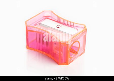 Pink pencil sharpener isolated on white background Stock Photo
