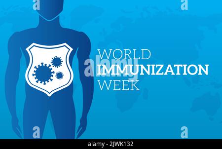 World Immunization Week Blue Vector Illustration Banner with a Man and Shield Stock Vector