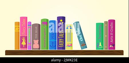 Books Illustration Design for Children. Kids Bookshelf or Bookcase with Book Literature Banner Background Stock Vector